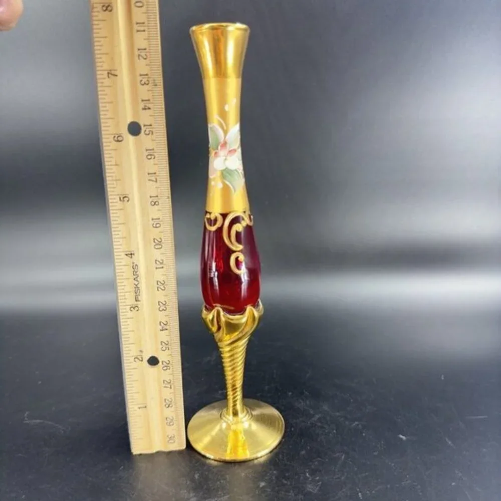 Venetian Art Glass Vase Raised Flowers Ruby Red Heavy Gold Painted Made In Italy